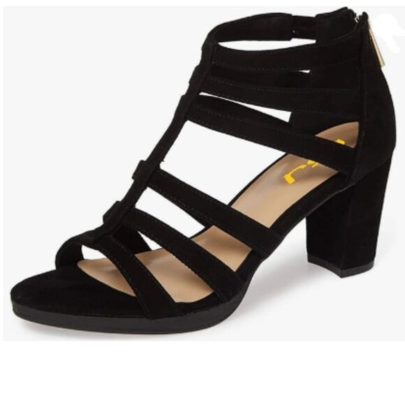 FSJ Black Chunky High Heel Sandals Open Toe T-Strap Cutout Dress Party Prom Shoe - Picture 1 of 8